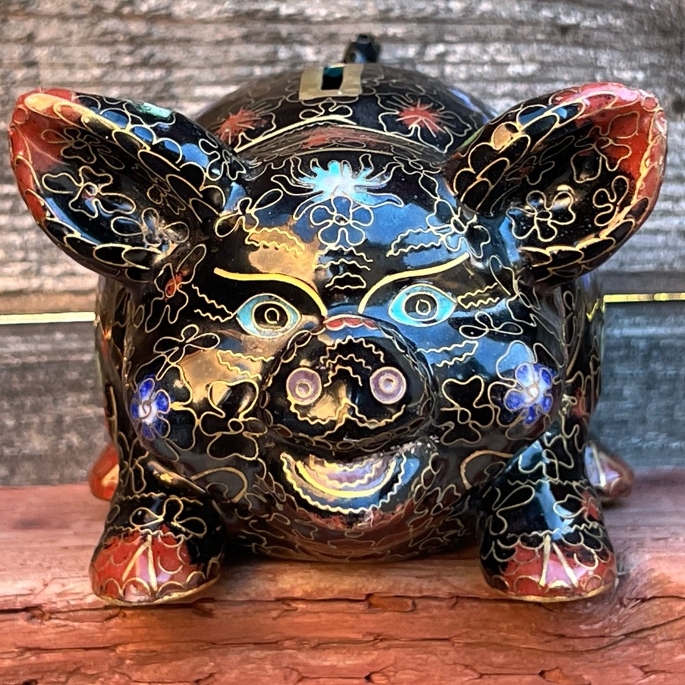 Rare Vintage Chinese Cloisonné Black Pig Piggy Bank Figurine – Hard to Find